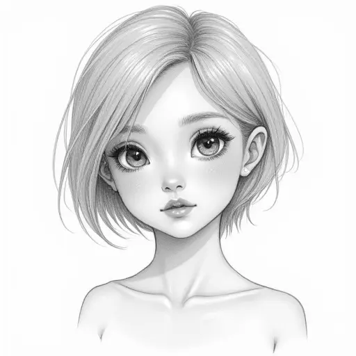 A girl with fair skin and short hair, drawn in fine pencil strokes with soft shading to create a delicate look.