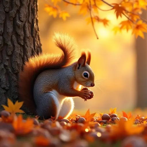 A squirrel collecting acorns beneath a tree, with a bed of fallen autumn leaves around its feet, the forest canopy above glowing with vibrant fall colors.