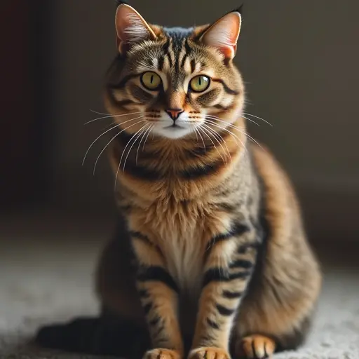 Cat sitting upright, with a calm, composed look, eyes softly glowing.