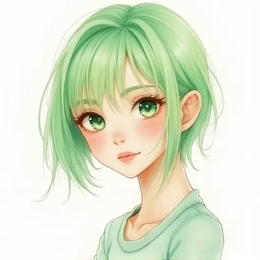 A girl with pastel green hair, sketched in light pencil strokes with watercolor accents for a gentle vibe.