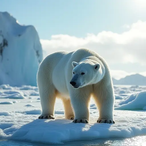 A polar bear standing majestically on an icy tundra, surrounded by frozen glaciers and reflecting sunlight.