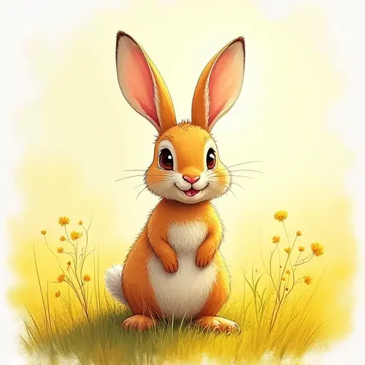 A bunny in a sunlit field, sketched with soft pencil strokes and bright, cheerful yellow tones.