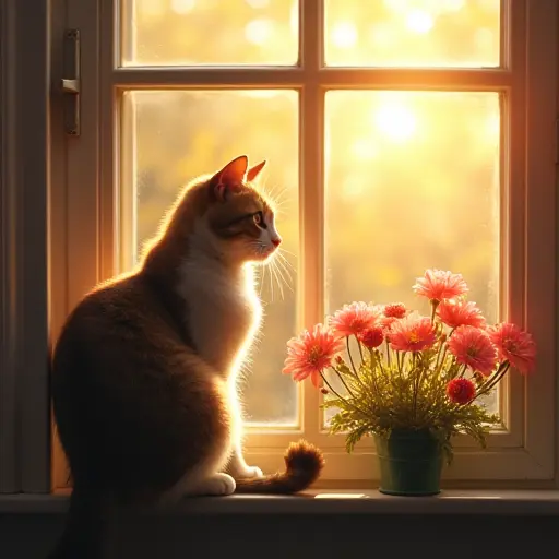 A cat sitting on a windowsill, basking in the warm rays of the morning sun, surrounded by blooming flowers in a garden below.