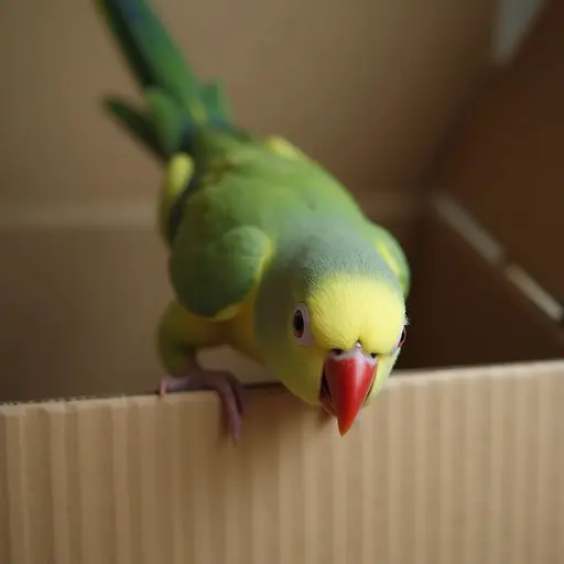 hd photo of The small Parrot dives headfirst into the box, its tail swishing gently as it explores the surroundings.