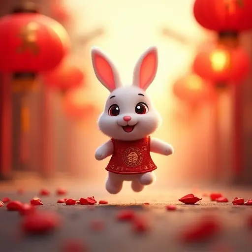 A bunny hopping around traditional Chinese lanterns, with vibrant red decorations and a festive atmosphere filling the air during the Lunar New Year celebrations.