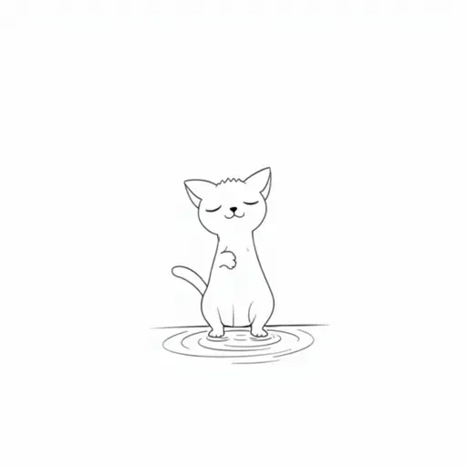 black and white simple line drawing of A sphynx cat playfully splashing water with its paws, showing a mischievous expression.