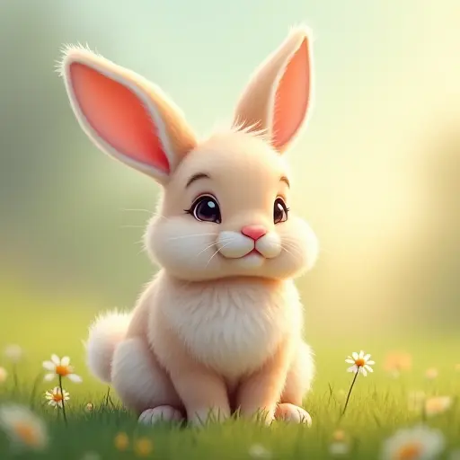 Cute rabbit with fluffy fur, large floppy ears, and a small pink nose, sitting in a meadow.