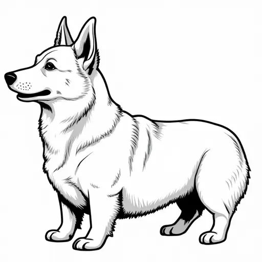 clean black and white hand-drawn outlines of a corgi from the side view