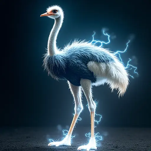 An ostrich avatar powered by visible electric currents, with energy pulses flowing through its feathers and limbs.