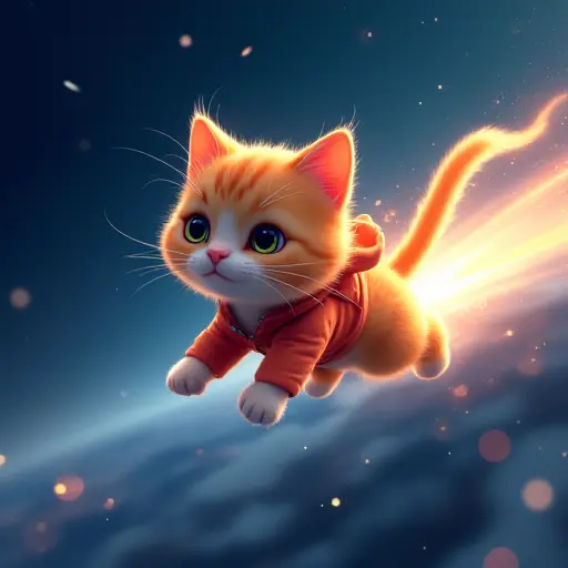 A cat avatar zooming through space, leaving a trail of light, representing a high-speed, light-speed travel theme.