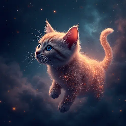 A cat with a cosmic, starry texture, floating through space with its body formed by glowing stars and nebulae.