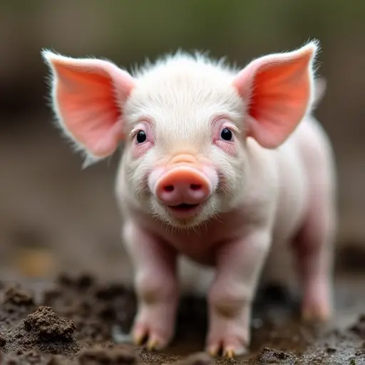 Cute piglet with a small nose, round ears, and a happy expression in the mud.