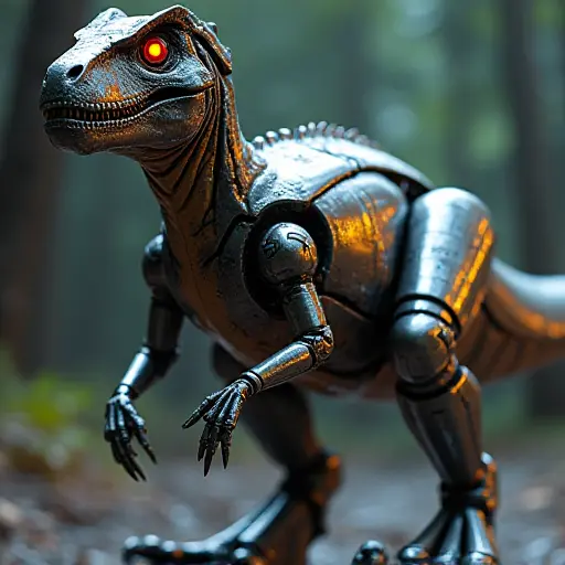 A dinosaur with metallic, robotic skin and glowing eyes, designed in a futuristic, high-tech style.