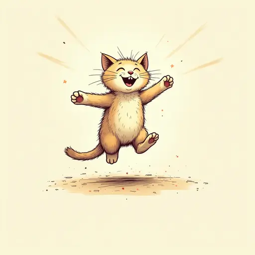 A cat jumping in the sunlight, its wet fur looking particularly joyful, Rough Line Drawing.