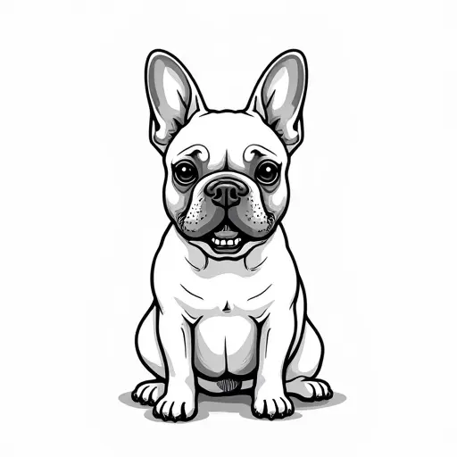 black and white simple line drawing of a french bulldog from the front view