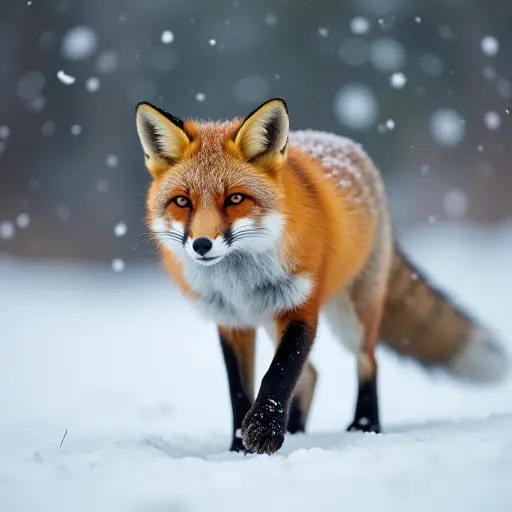 A fox walking through a snowy landscape, its fur blending with the snowflakes to create a harmonious winter scene.