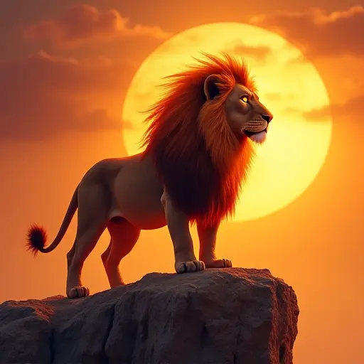 A lion with a fiery mane, standing proud on a rocky outcrop with a glowing orange sky in the background, its eyes burning with intensity.