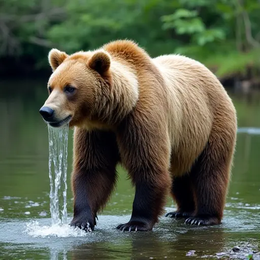 A bear with a flowing waterfall integrated into its fur, standing beside a serene river surrounded by lush greenery.