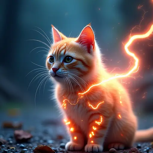 A cat avatar emitting visible electrical pulses and arcs of energy as if it’s being charged by an advanced power source.