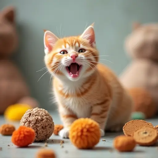 Cat surrounded by toys and treats, looking excited and playful.