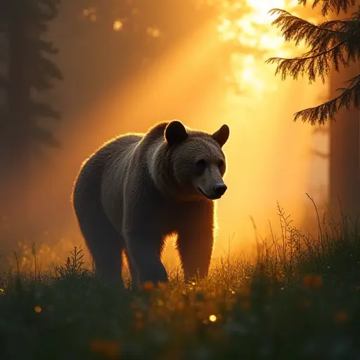 A bear emerging from a misty forest at dawn, with rays of golden sunlight catching the droplets of dew on its fur.