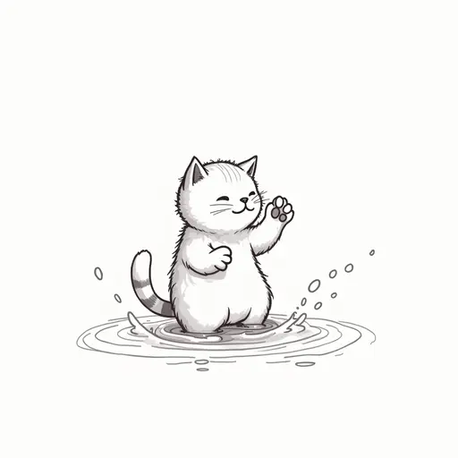 clean pencial outline sketch of A british shorthair playfully splashing water with its paws, showing a mischievous expression.