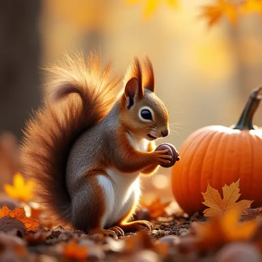 A squirrel gathering acorns and autumn leaves in a forest, preparing for the winter, surrounded by pumpkins and other harvest fruits, creating a thankful holiday scene.