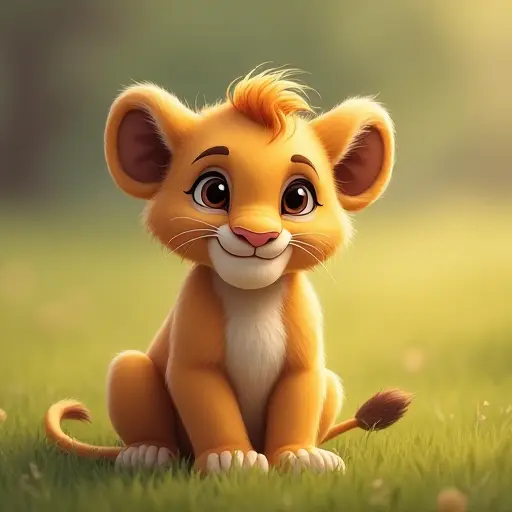 Adorable lion cub with soft fur, a small mane, and bright eyes, sitting in a grassy field.