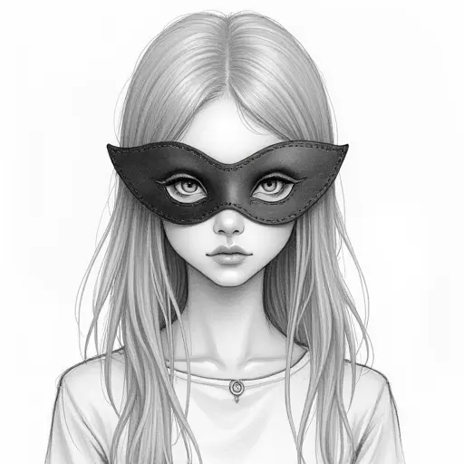 A girl with a mask, drawn in soft pencil strokes with minimal shading for a mysterious look.