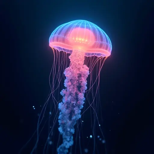 A jellyfish with a body made of glowing light and flowing data, giving it a digital, ethereal look.