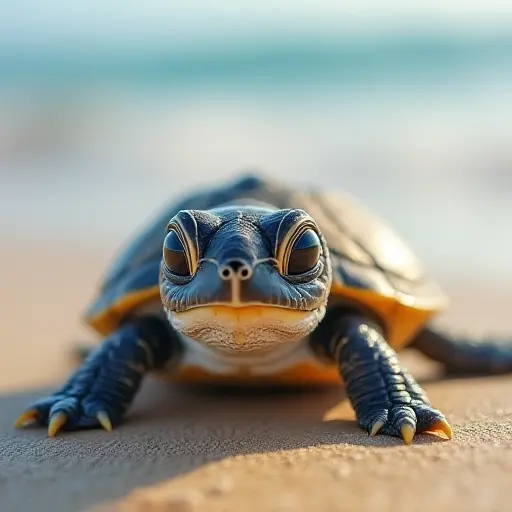 Cute baby turtle with a small shell, big eyes, and a curious expression on the beach.