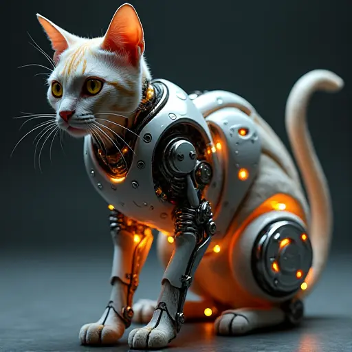 A cat with a mechanical body made of advanced metal alloys and glowing components, showcasing a fusion of biology and technology.