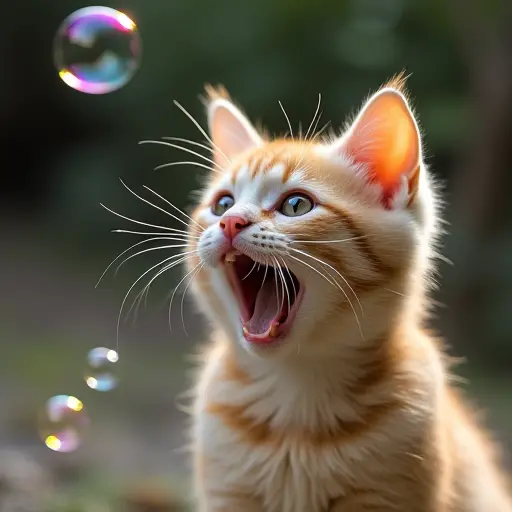 Cat playing with bubbles, looking amazed as they float around.