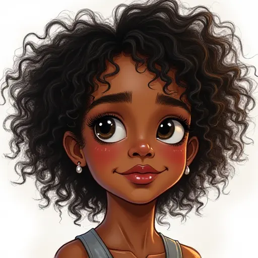 A girl with dark skin and curly hair, drawn with fine lines and soft shading.