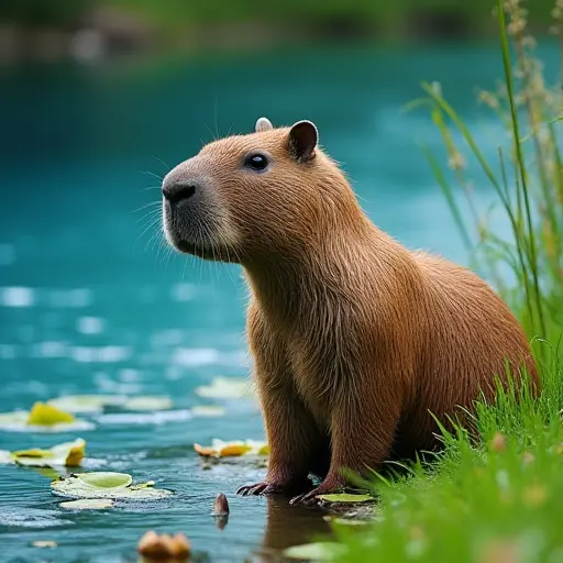 A capybara sitting peacefully by the edge of a sparkling blue river, surrounded by lush green grass and small water lilies floating nearby.