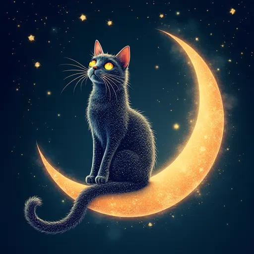 A mystical cat with a body made of a glowing starry night sky, sitting on a crescent moon surrounded by constellations.