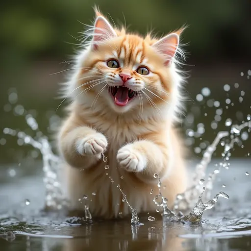 hd photo of A persian cat playfully splashing water with its paws, showing a mischievous expression.