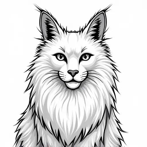 black and white simple line drawing of a maine coon from the front view