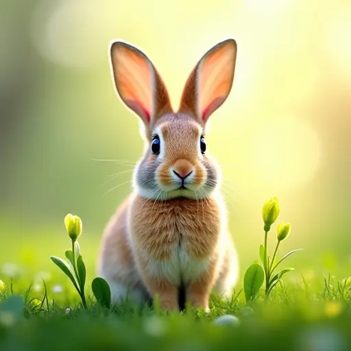 A rabbit sitting on fresh green grass surrounded by sprouting leaves, symbolizing the renewal of spring.