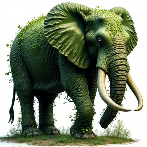 An elephant formed from intertwining vines and leaves, its massive form created from nature’s materials.