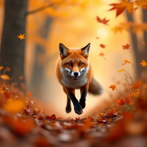 A red fox running through the autumn forest, its fiery fur blending with the vivid colors of the autumn leaves, as the wind rustles through the trees and sends the leaves flying.