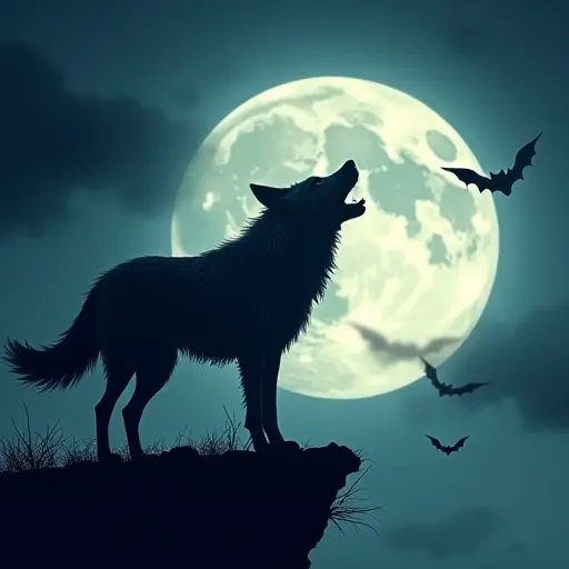 A howling wolf standing on a cliff under a full moon on Halloween night, with the wind blowing and the shadows of flying bats in the background, creating a spooky and eerie atmosphere.