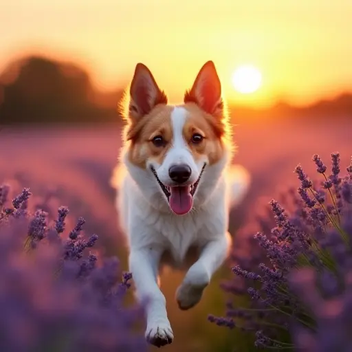 A dog running joyfully across a meadow filled with lavender, with its fur glowing softly in the warm hues of sunset.