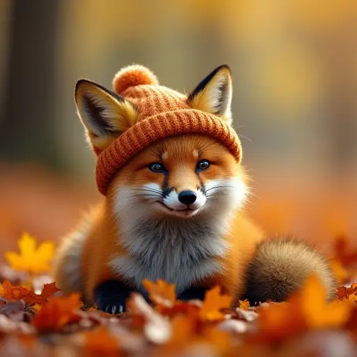 A fox wearing a small autumn hat, lying in a bed of golden and red leaves in the forest, its tail wrapped around its paws while the leaves dance in the breeze.