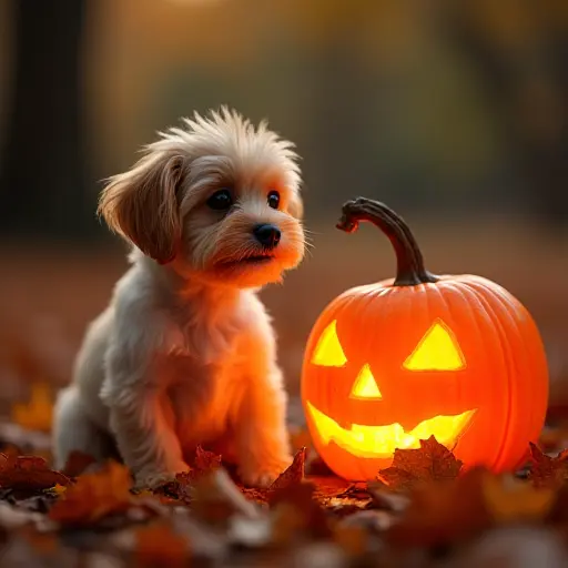 A small dog sitting next to a glowing pumpkin lantern, surrounded by fallen autumn leaves, with the flickering light casting playful shadows around the dog and the autumn evening creating a cozy atmosphere.