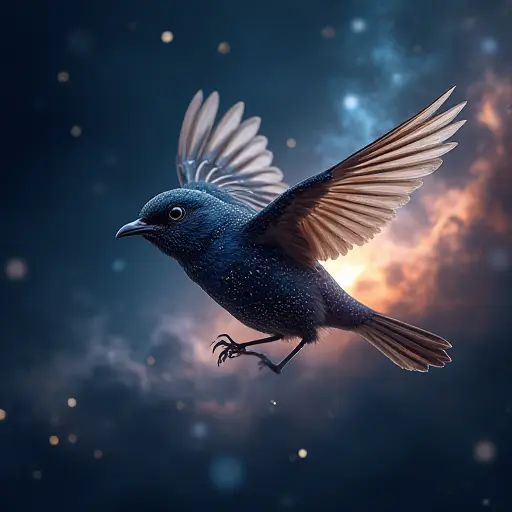 A small bird with feathers that mimic a starry night sky, flying through a glowing nebula.