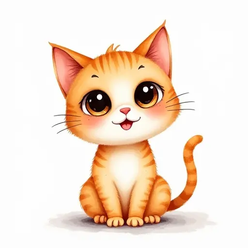 A cute hand-drawn cat with big, round eyes and a smiling face, in soft watercolor strokes.