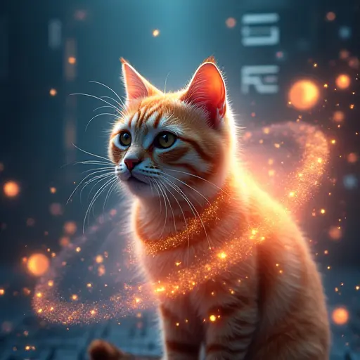 A cat avatar surrounded by glowing energy spheres or halos, emitting a sense of technological power, with an electronic background.