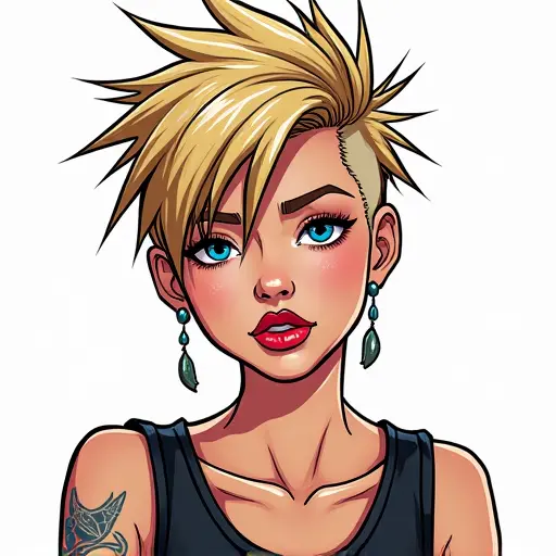 A female rock singer with short, spiky hair and a confident expression, drawn in bold lines and vibrant colors.