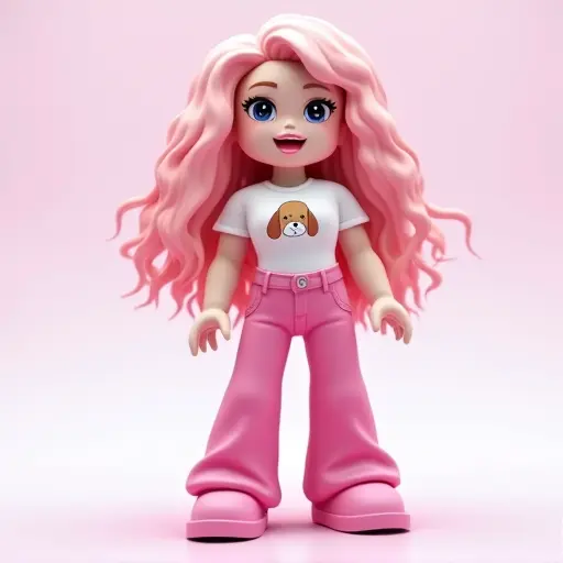 Embrace the cheerful energy of a neighbor girl avatar in Roblox! This avatar features pink curly hair and a big smile, paired with a fun dog graphic T-shirt and pink wide-legged pants, perfect for those who want a laid-back yet vibrant look. With a happy-go-lucky vibe, it’s the ideal choice for anyone who loves the casual, friendly charm of a neighbor girl. Available for free download, this 3D Roblox avatar brings personality and style to your gaming experience. Download this adorable avatar today and enjoy your Roblox adventures!